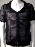 Men's Checkered Eyelet Button-Down Shirt – Textured Unique Detail