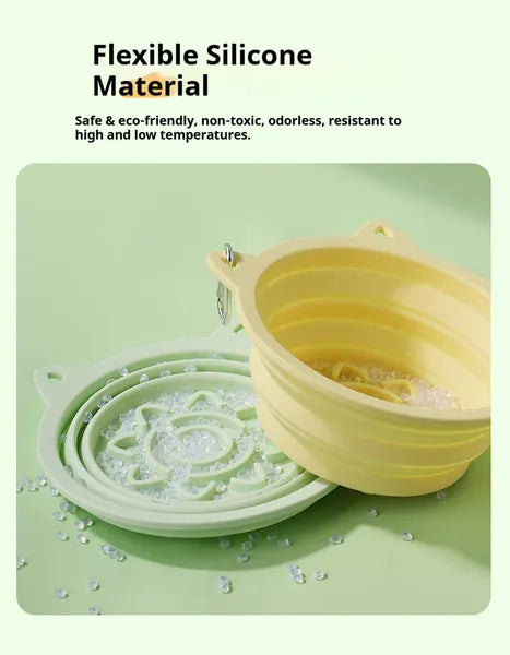 Collapsible Pet Travel Bowl – 3-in-1 Slow Feeder with Suction Cups & Carabiner Hook