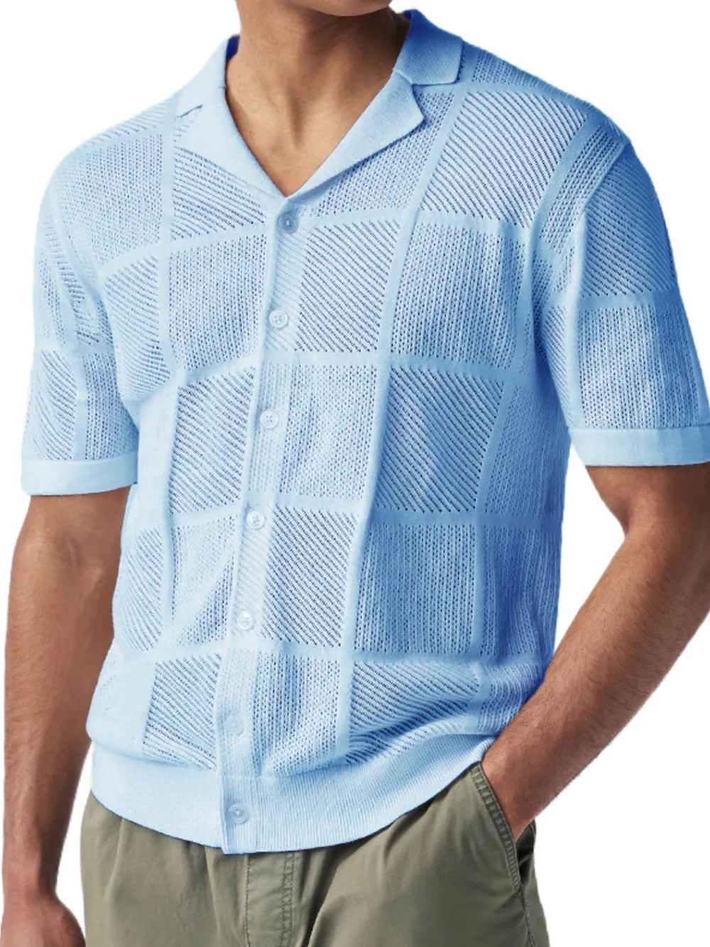 Men's Checkered Eyelet Button-Down Shirt – Textured Unique Detail