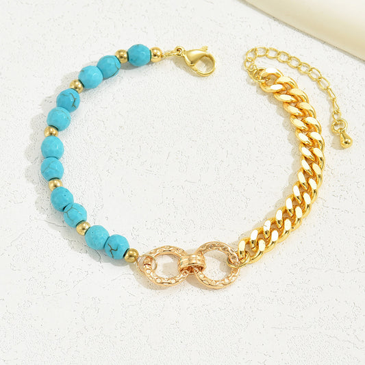 Turquoise Beaded Layered Bracelet – Boho Double Ring Chain Jewelry for Women