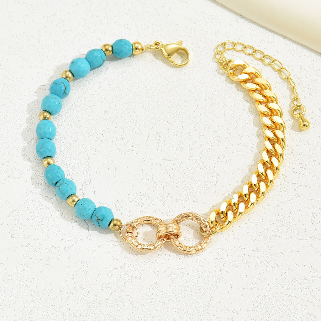 Turquoise Beaded Layered Bracelet – Boho Double Ring Chain Jewelry for Women