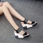 Women's Contrast Platform Wedge Sandals – Mid Heel Mesh & Suede