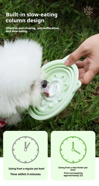 Collapsible Pet Travel Bowl – 3-in-1 Slow Feeder with Suction Cups & Carabiner Hook
