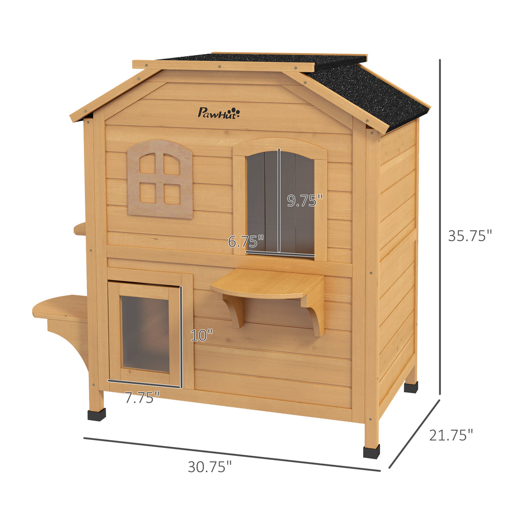 Outdoor Cat House - 2-Story Weatherproof Wooden Shelter with Escape Door & Asphalt Roof