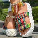 Women's Rainbow Stripe Platform Sandals - Breathable Summer Slides