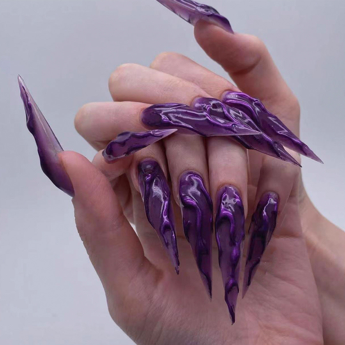 Press On Nails - Purple Glitter Long Stiletto False Nails 24pc with Adhesive