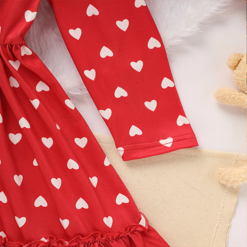 Toddler Girl's LOVE Embroidered Valentine Dress | Heart Print Long Sleeve A-Line with Ruffle Hem
