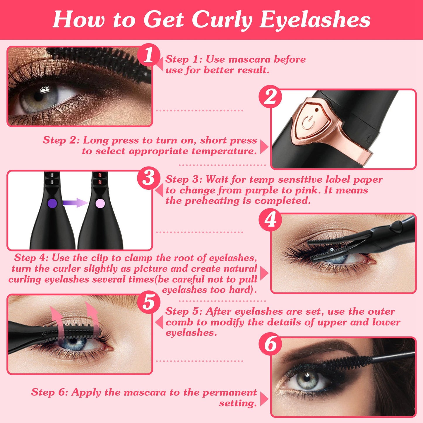 Heated Eyelash Curler – USB Rechargeable Electric Lash Curler | 3 Temperature Settings