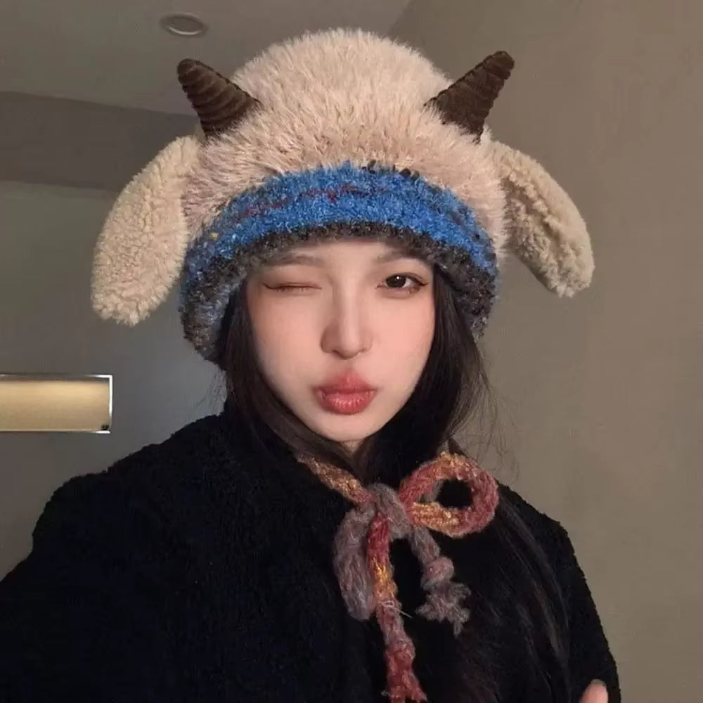 Cute Thick Plush Knitted Hat Girls Winter Warm Ear Protection Beanies Hat Women Comfortable Horn Pullover Hats
