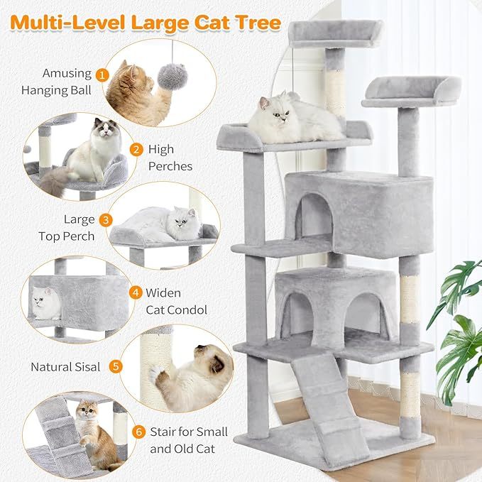 56" Multi-Level Cat Tree Tower with Scratching Posts, Cozy Condos & Hanging Toys – Light Gray