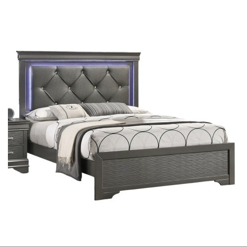 Queen Bed Frame with LED Tufted Headboard - Modern Gray Faux Leather Platform Bed