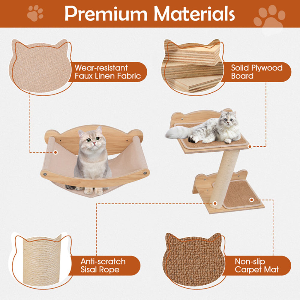 4-Piece Wall-Mounted Cat Tree with Hammock - Space-Saving Climbing Furniture for Indoor Cats