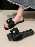 Women's Bow-Knot Flat Sandals – Feminine PU Leather Slip-On