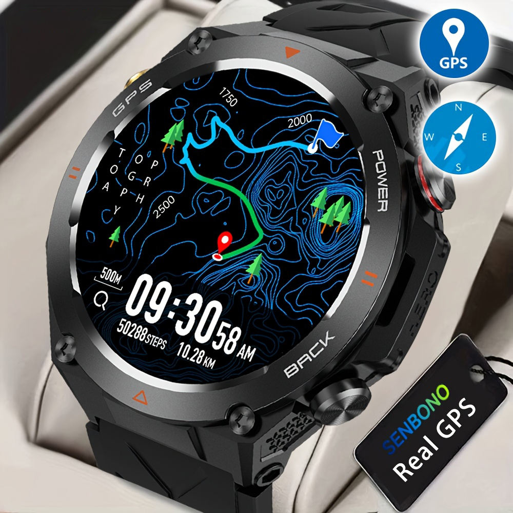 SENBONO GPS Smart Watch for Men – 1.45" HD Display, Built-In GPS, Altimeter, Barometer & Compass