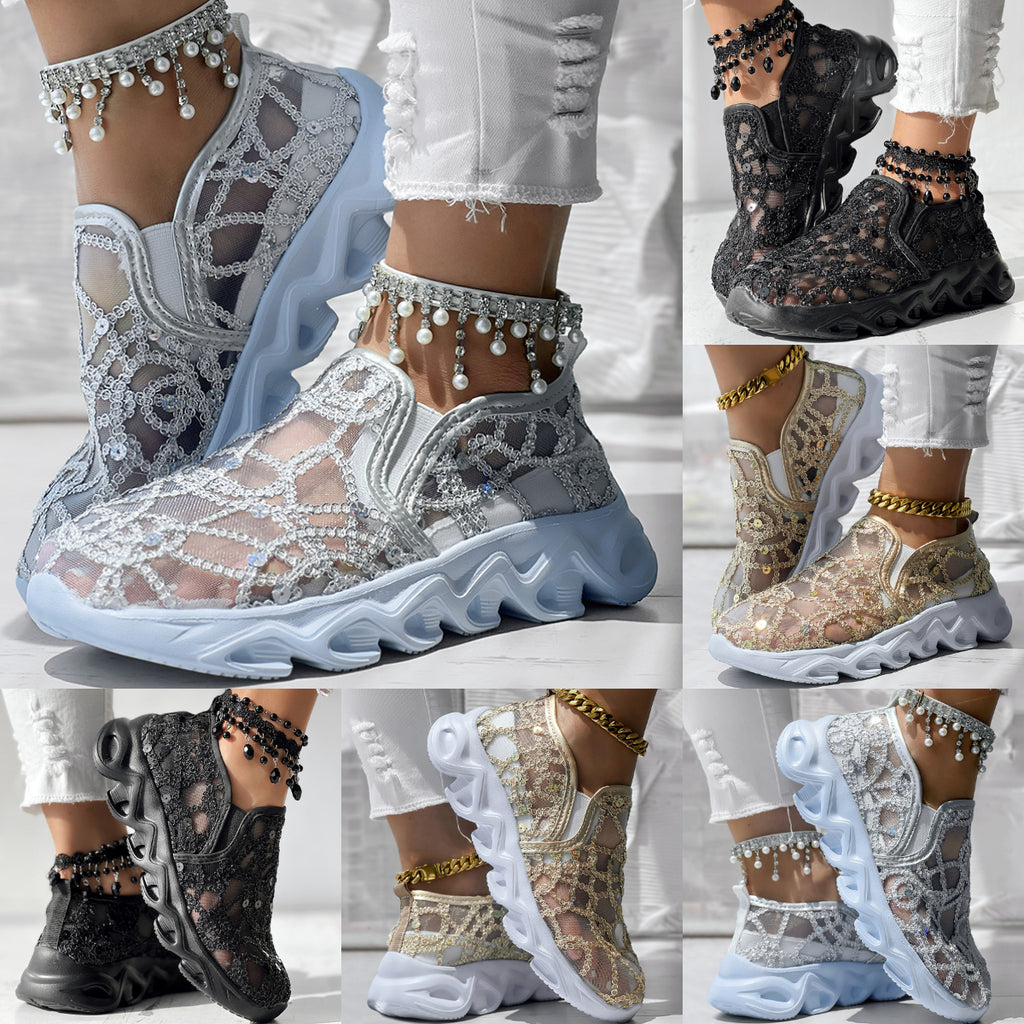 Women's Sparkle Mesh Breathable Sneakers | Lightweight Glitter Athletic Shoes – 3 Colors