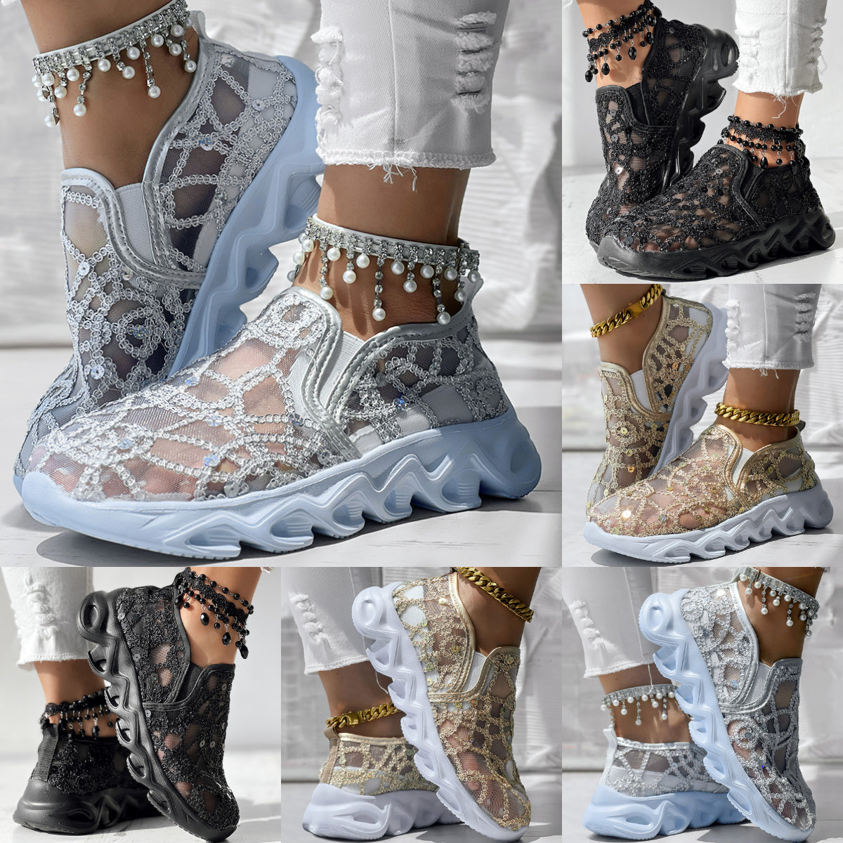 Women's Sparkle Mesh Breathable Sneakers | Lightweight Glitter Athletic Shoes – 3 Colors