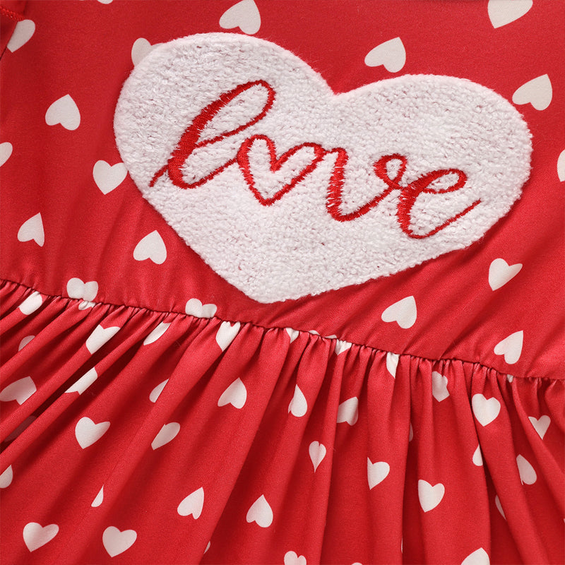 Toddler Girl's LOVE Embroidered Valentine Dress | Heart Print Long Sleeve A-Line with Ruffle Hem