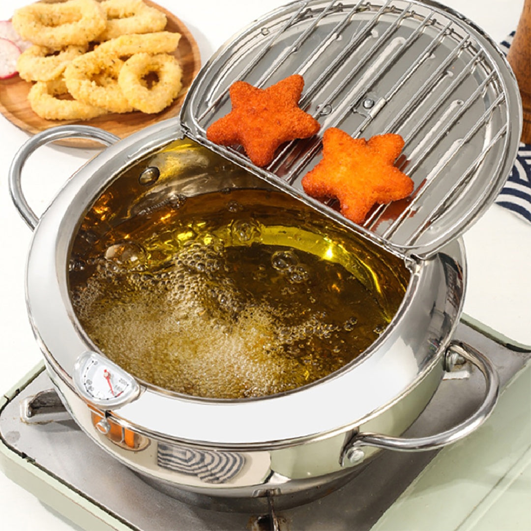 Japanese Tempura Deep Fryer Pot with Thermometer | Stainless Steel Frying Pot with Lid | Gas, Electric & Induction