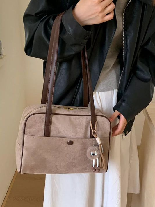 Vintage Suede Handbag with Charm – Medium Shoulder Bag