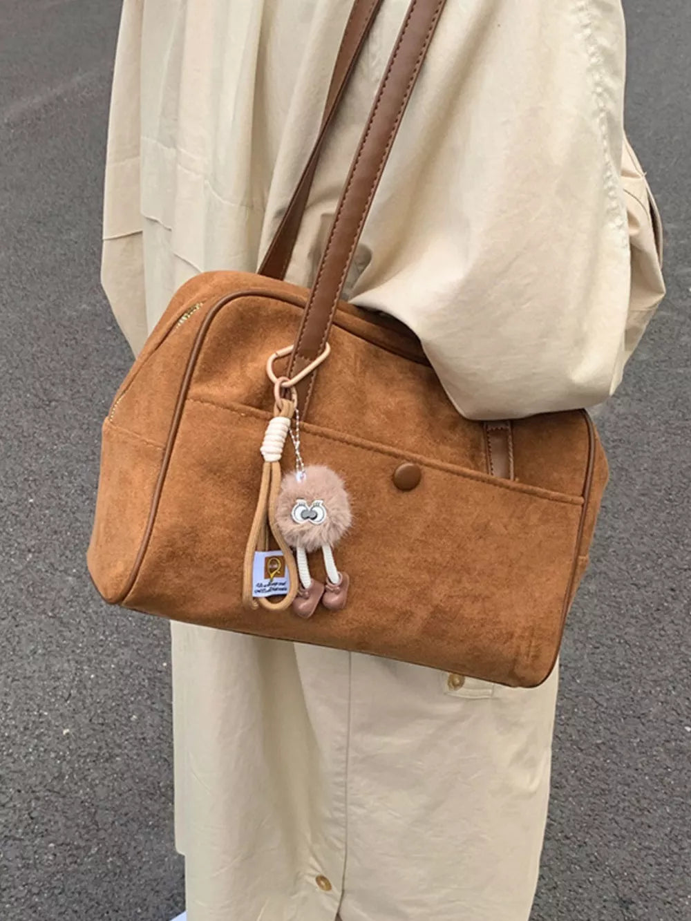 Vintage Suede Handbag with Charm – Medium Shoulder Bag