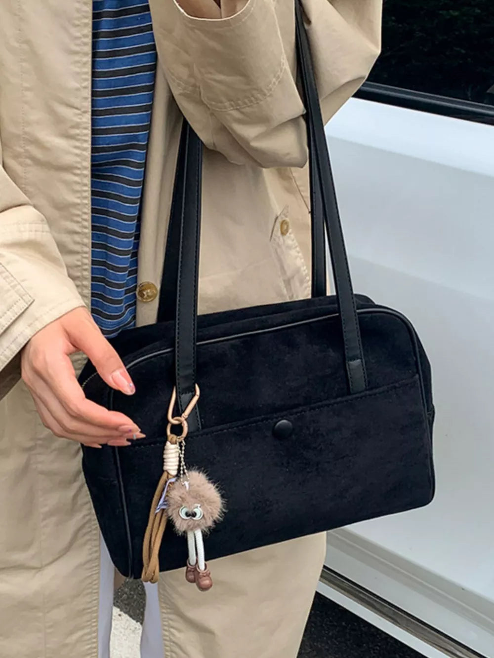 Vintage Suede Handbag with Charm – Medium Shoulder Bag