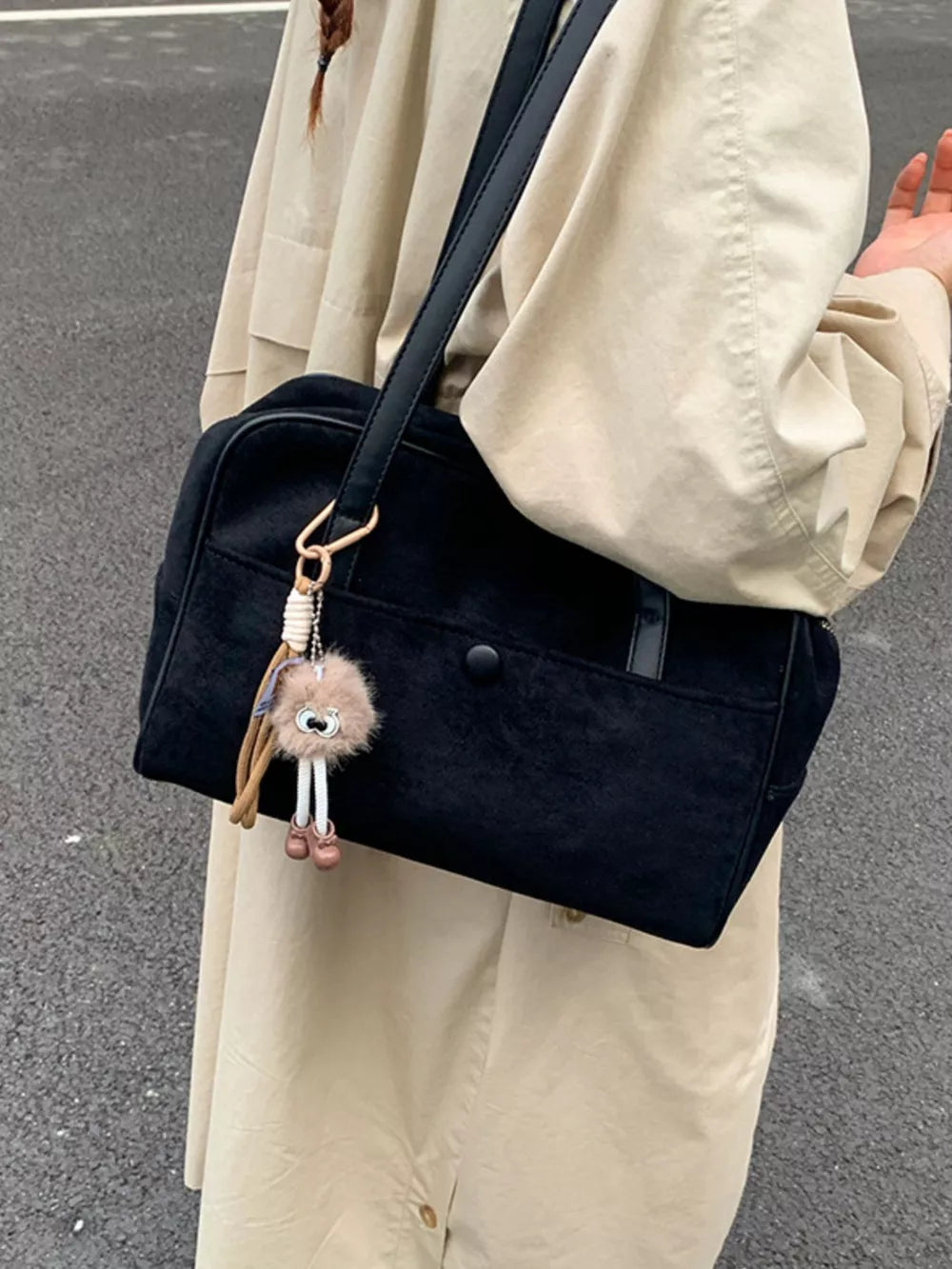 Vintage Suede Handbag with Charm – Medium Shoulder Bag