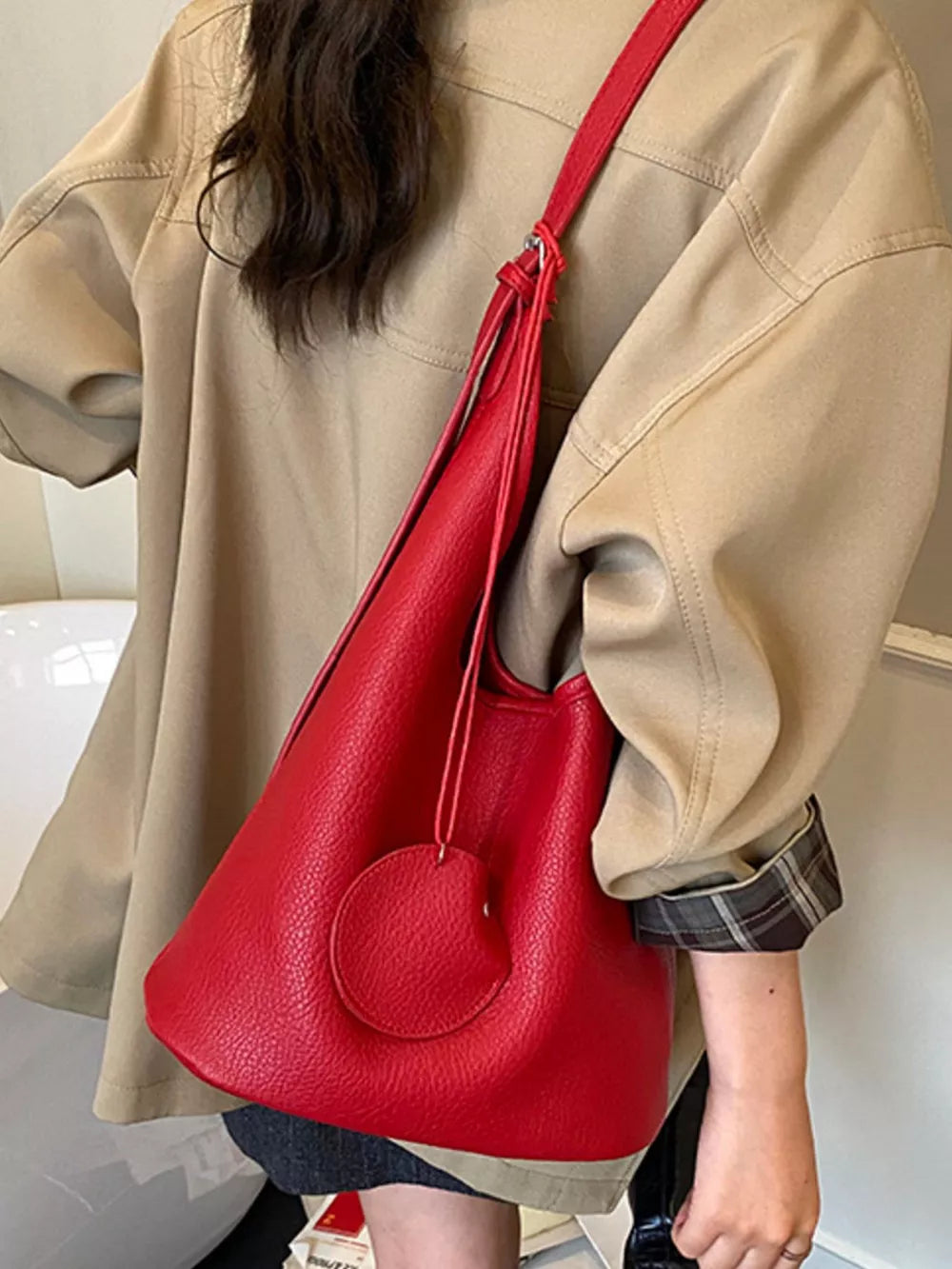 Solid Color PU Leather Shoulder Handbag