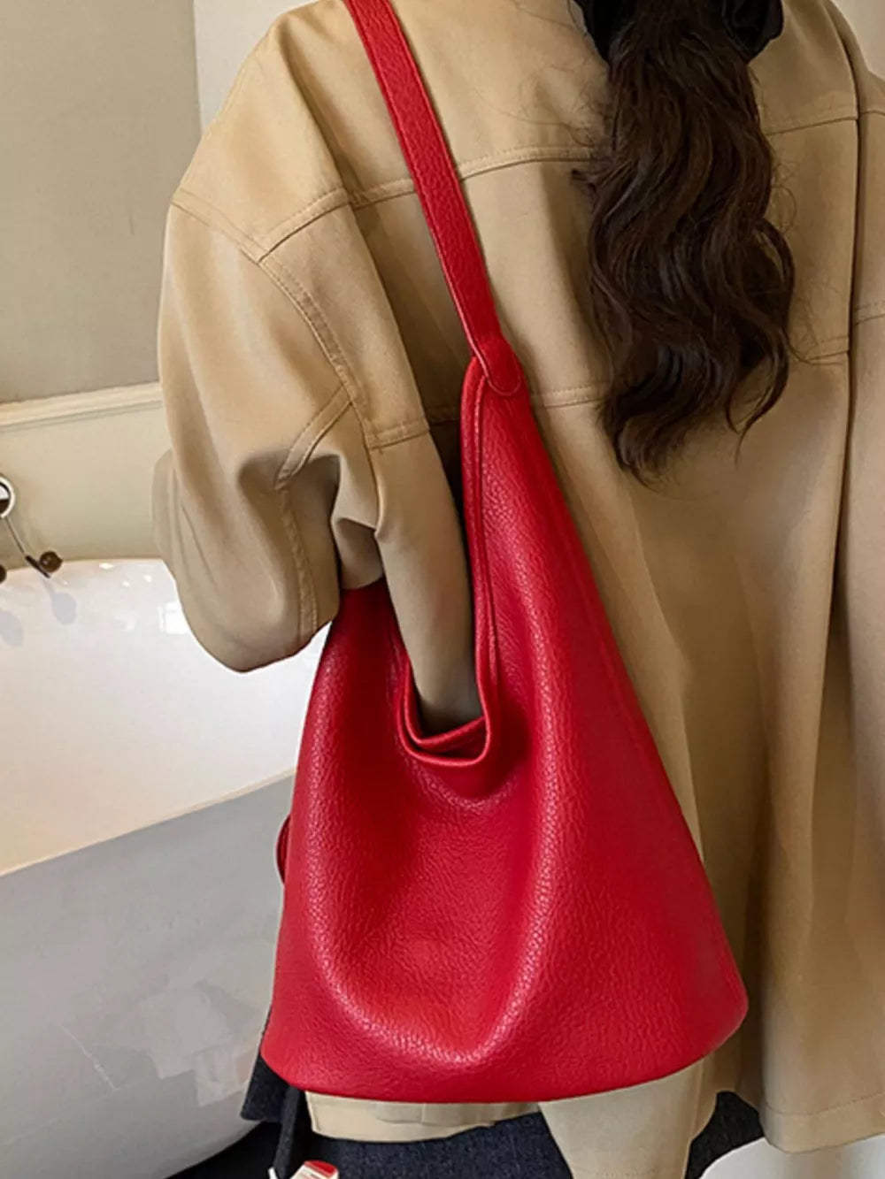 Solid Color PU Leather Shoulder Handbag