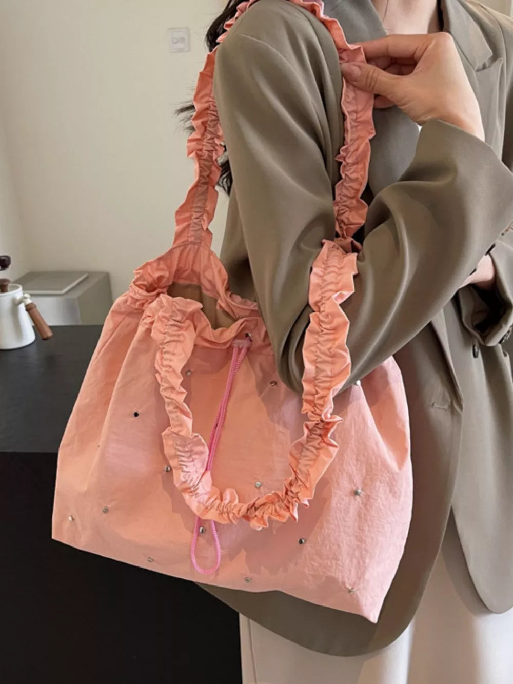 Studded Ruched Strap Handbag – Medium Shoulder Bag