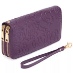 Embossed Floral Double Zipper Wallet – PU Leather Mini Purse