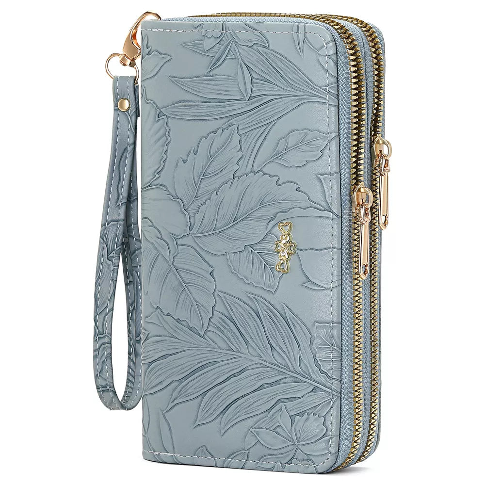 Embossed Floral Pattern Double Zipper Wallet – PU Leather Mini Wallet
