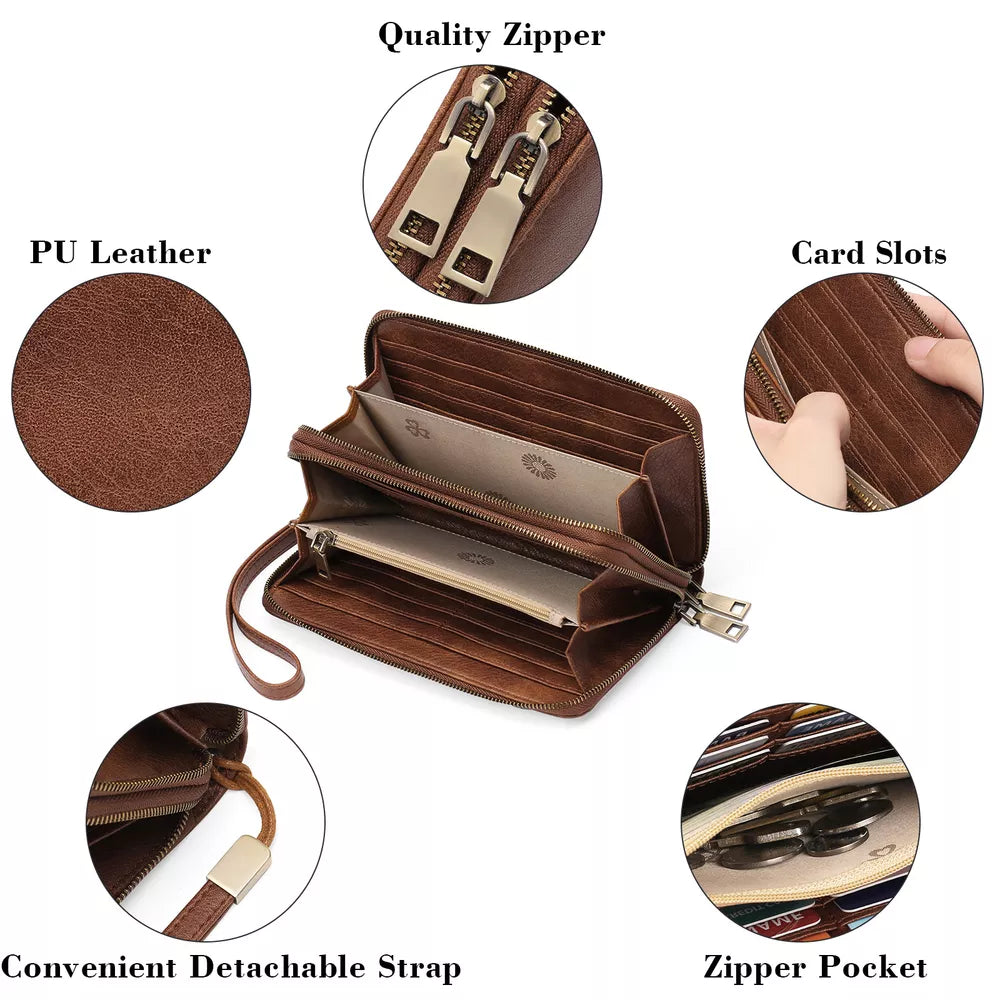 Vintage Style Double Zipper PU Leather Wallet