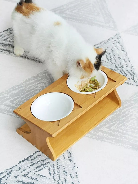 Elevated Double Ceramic Pet Bowls with Bamboo Stand | Raised Feeder for Dogs & Cats