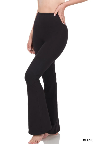 Zenana Wide Waistband Yoga Flare Pants – Stretchy Cotton Blend Activewear