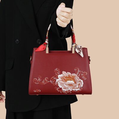 Embroidered Floral Top Handle Handbag – PU Leather