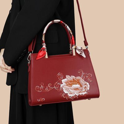 Embroidered Floral Top Handle Handbag – PU Leather