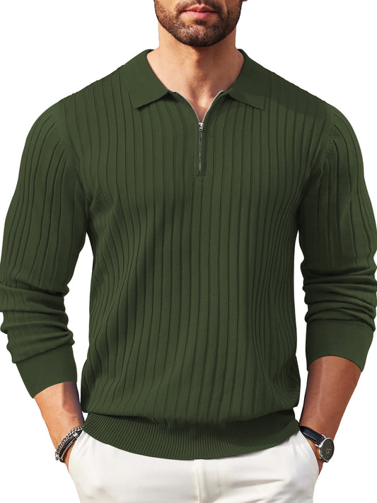 GENTS BLISS Polo Shirts for Men Casual Long Sleeve Mens Shirts Zipper Ribbed Knit Shirt