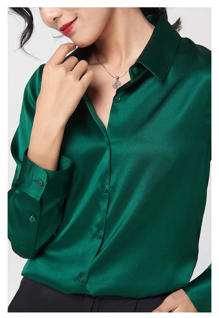 SFELIKY Women's 19mm Mulberry Silk Blouse – Long Sleeve V-Neck Satin Shirt
