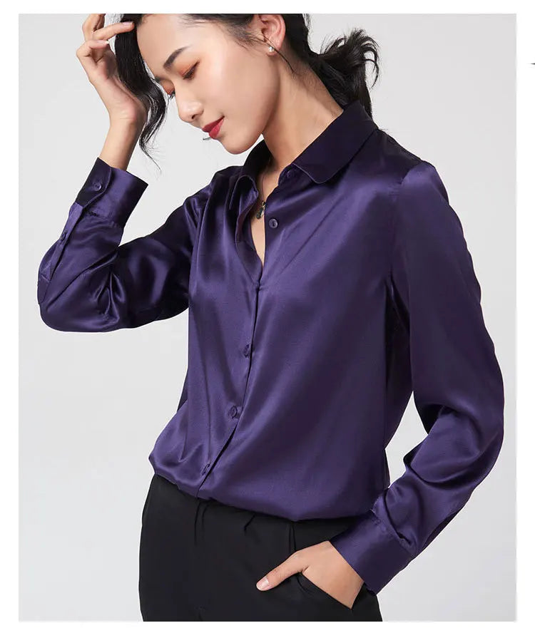 SFELIKY Women's 19mm Mulberry Silk Blouse – Long Sleeve V-Neck Satin Shirt