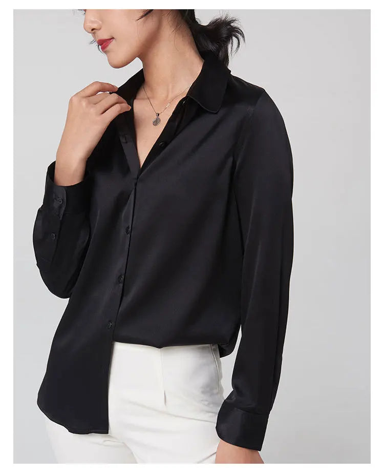 SFELIKY Women's 19mm Mulberry Silk Blouse – Long Sleeve V-Neck Satin Shirt