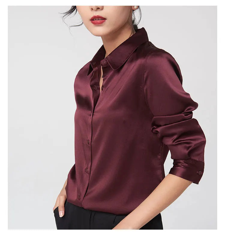 SFELIKY Women's 19mm Mulberry Silk Blouse – Long Sleeve V-Neck Satin Shirt