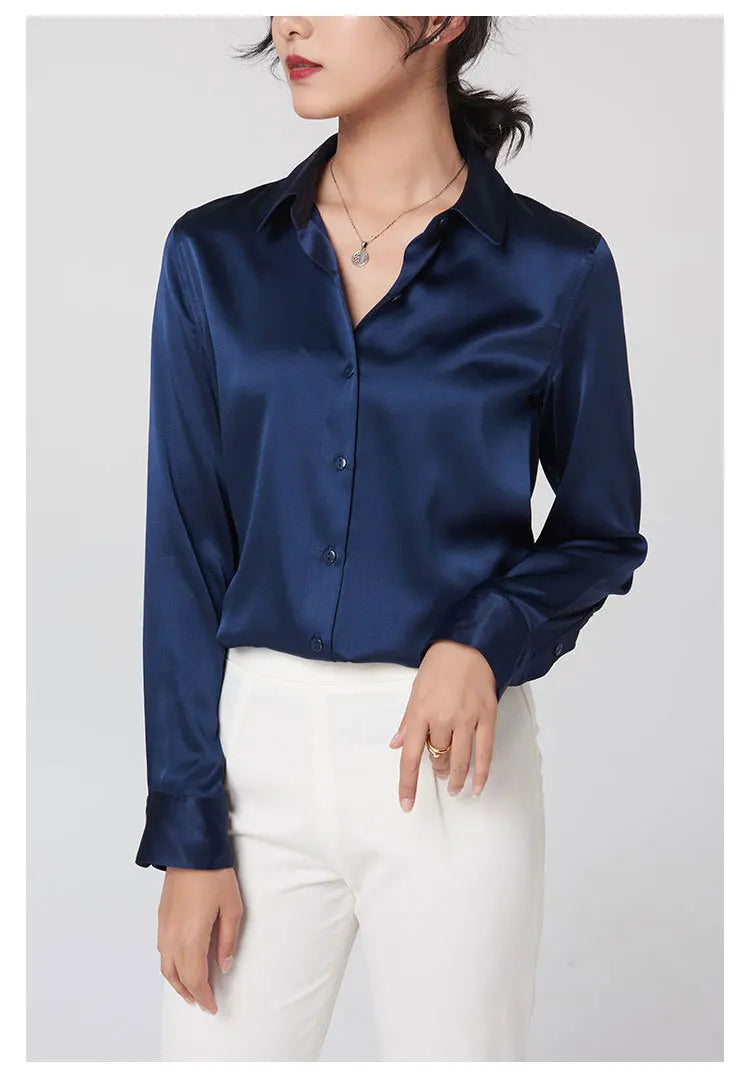SFELIKY Women's 19mm Mulberry Silk Blouse – Long Sleeve V-Neck Satin Shirt