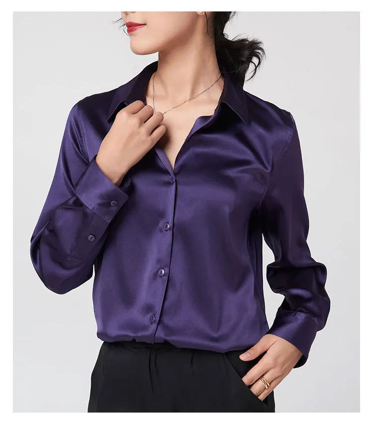 SFELIKY Women's 19mm Mulberry Silk Blouse – Long Sleeve V-Neck Satin Shirt