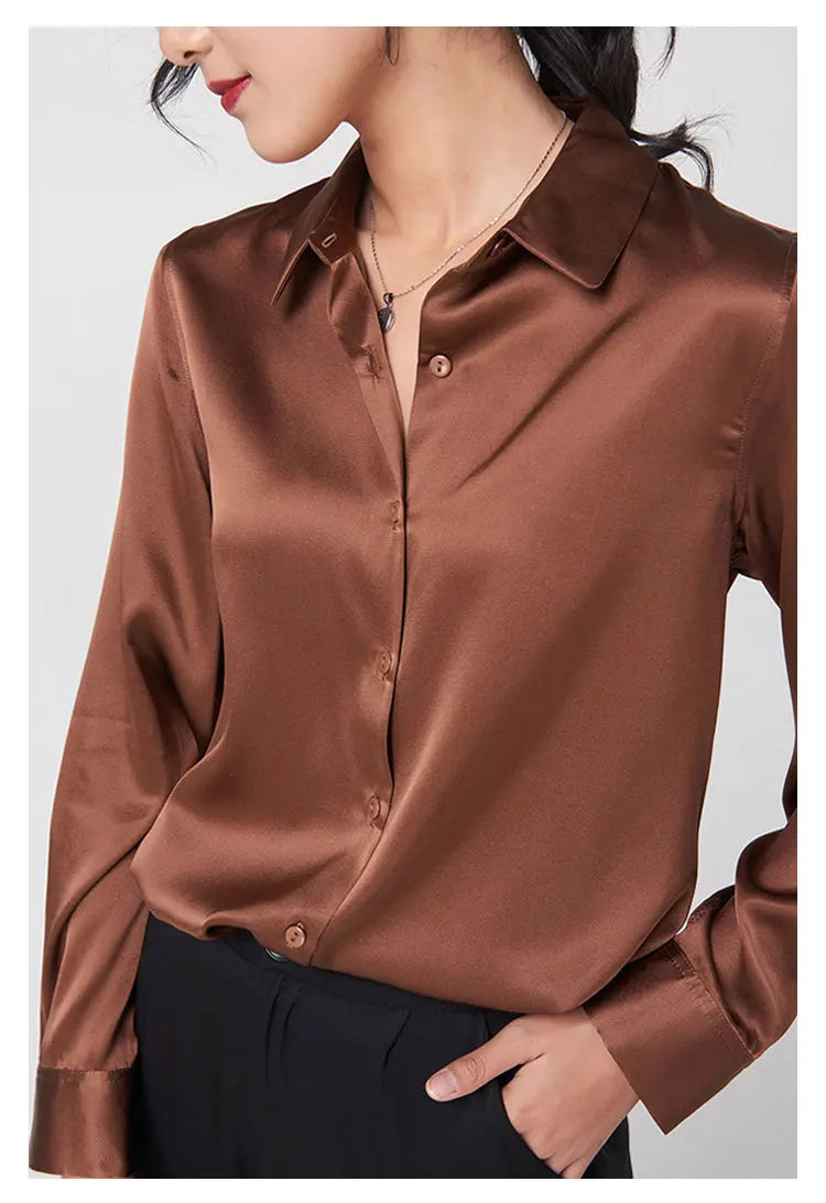 SFELIKY Women's 19mm Mulberry Silk Blouse – Long Sleeve V-Neck Satin Shirt