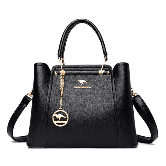 Women's Soft Leather Handbag – 3-Compartment Shoulder & Crossbody Tote
