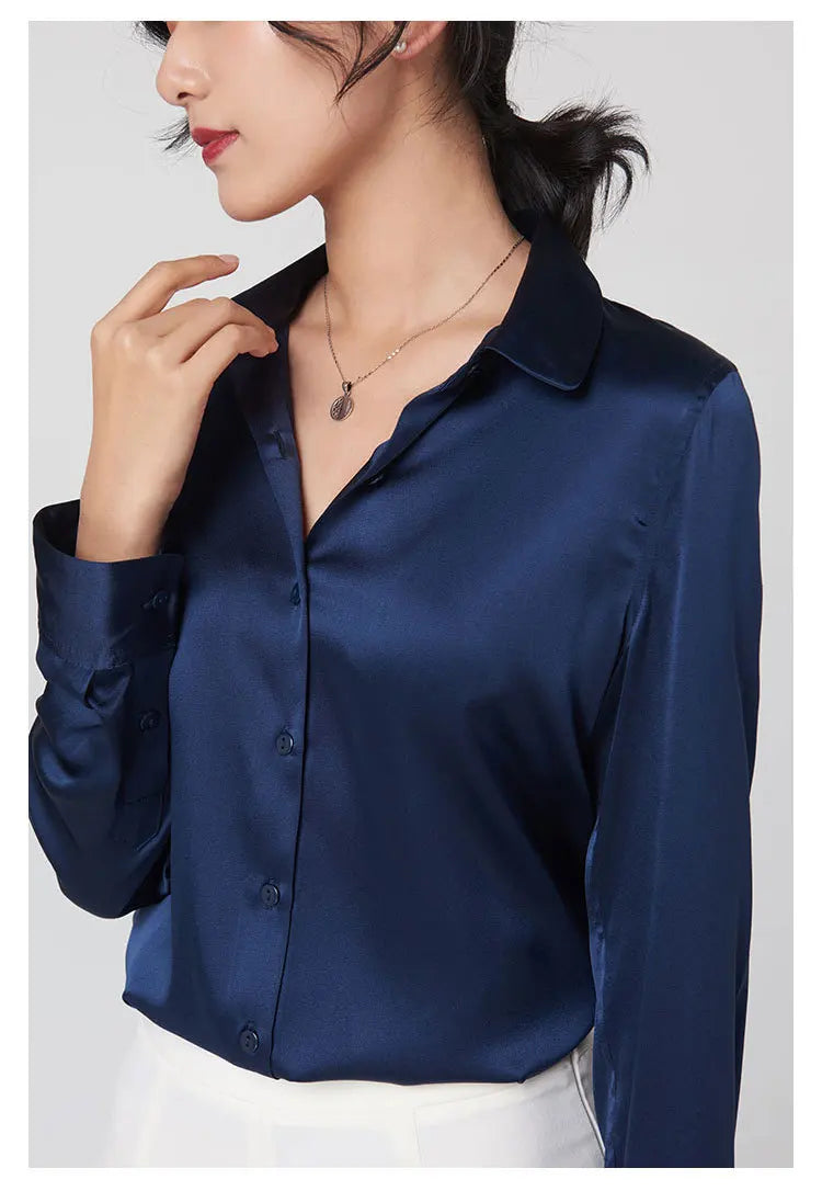 SFELIKY Women's 19mm Mulberry Silk Blouse – Long Sleeve V-Neck Satin Shirt