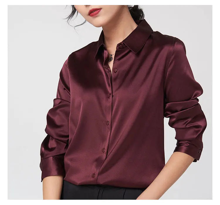 SFELIKY Women's 19mm Mulberry Silk Blouse – Long Sleeve V-Neck Satin Shirt