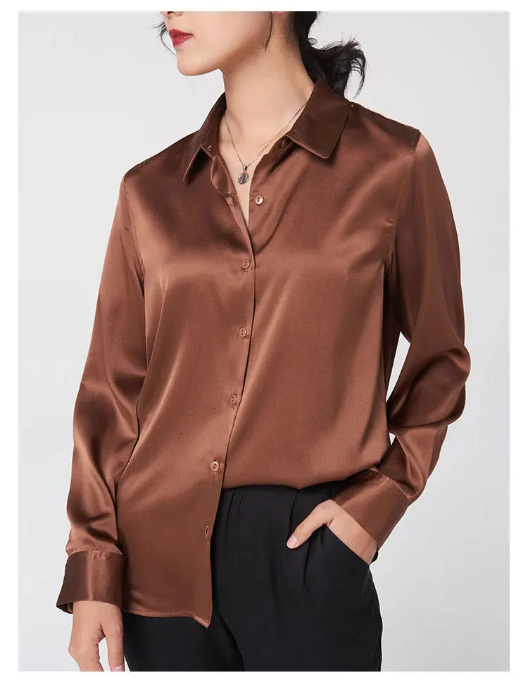 SFELIKY Women's 19mm Mulberry Silk Blouse – Long Sleeve V-Neck Satin Shirt