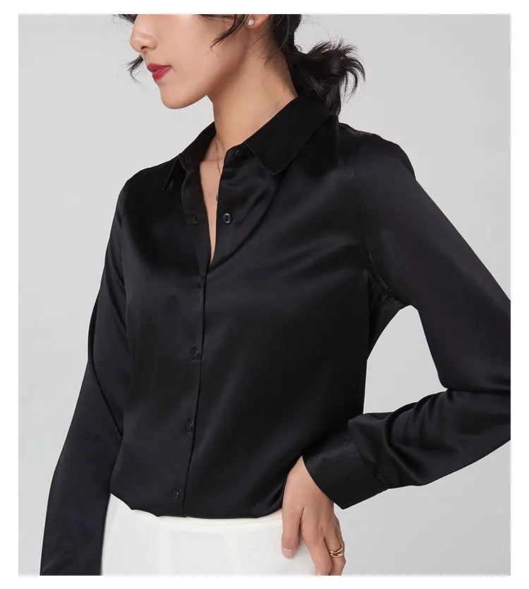 SFELIKY Women's 19mm Mulberry Silk Blouse – Long Sleeve V-Neck Satin Shirt