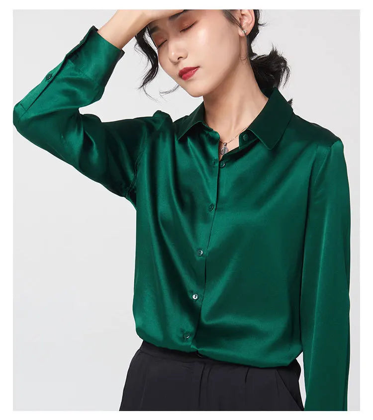SFELIKY Women's 19mm Mulberry Silk Blouse – Long Sleeve V-Neck Satin Shirt